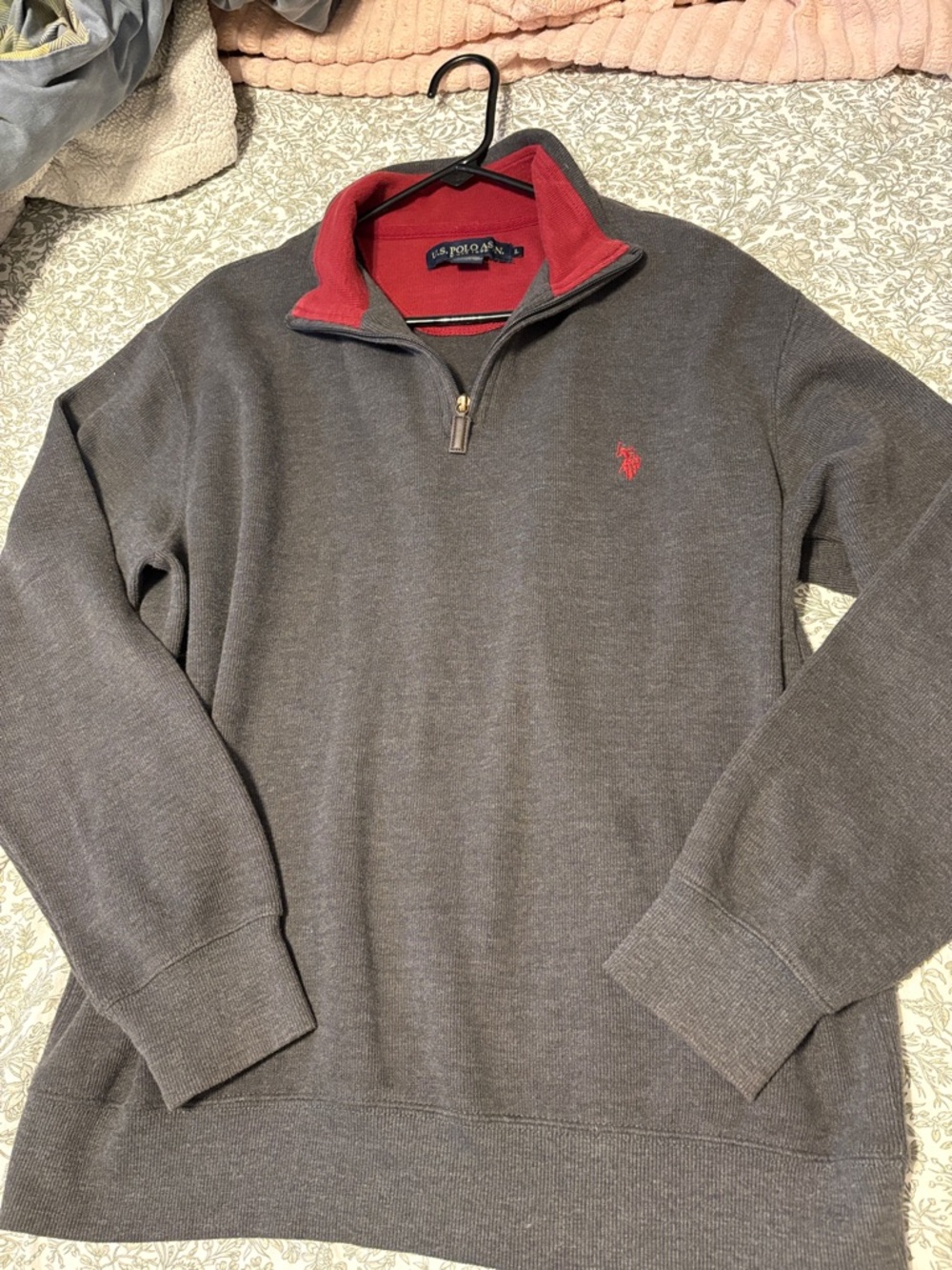 Polo by Ralph Lauren Men's Charcoal Zip-Up Sweater with Red Trim